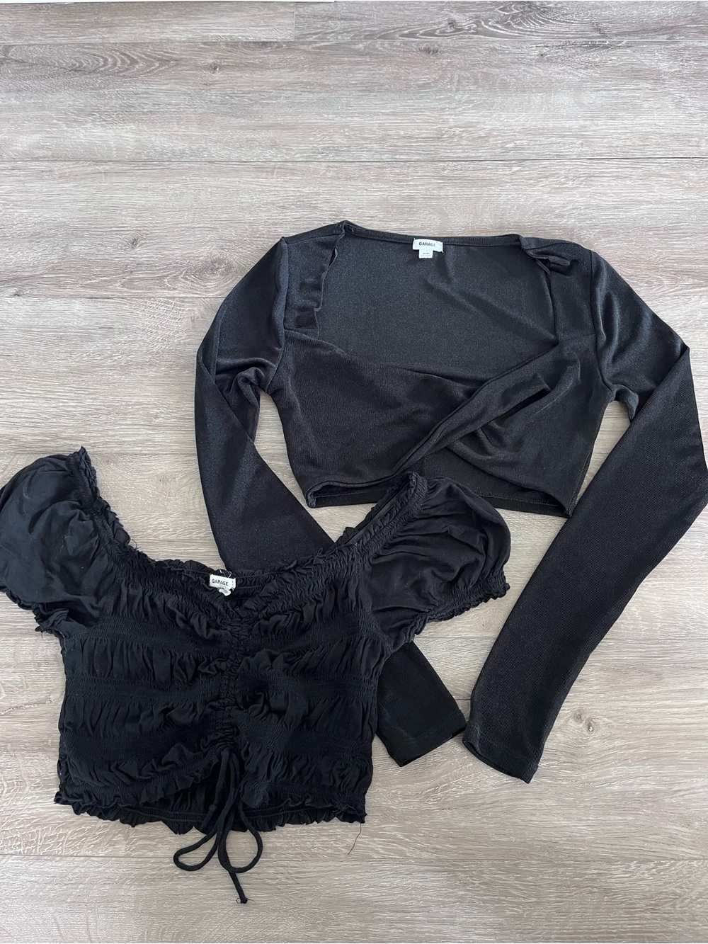 Garage Black Two-Piece Crop Top Set - Wrap Long Sleeve & Ruched Short Sleeve